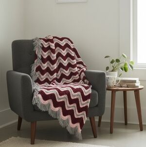 ​Vintage Crochet Chevron Afghan Throw Maroon Pink Gray Fringe 70s Ripple Blanket